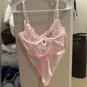 Oh La La Cheri Josie Teddy – Pink Tulle Lace Bodysuit, Size M (NWT)